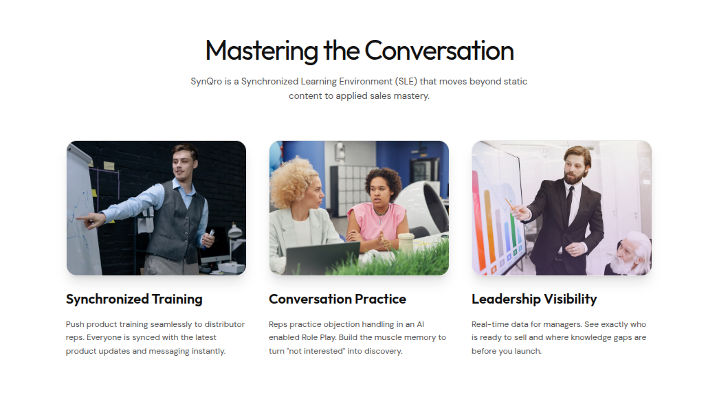 Synqro.ai page presenting synchronized training, conversation practice and leadership visibility