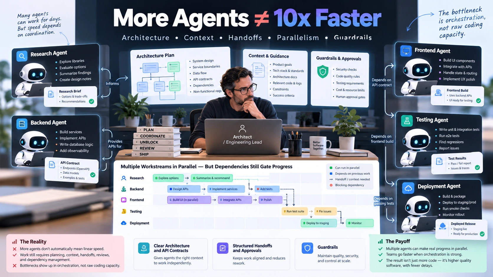 Software engineer orchestrating multiple AI coding agents across parallel tasks, dependencies and review checkpoints