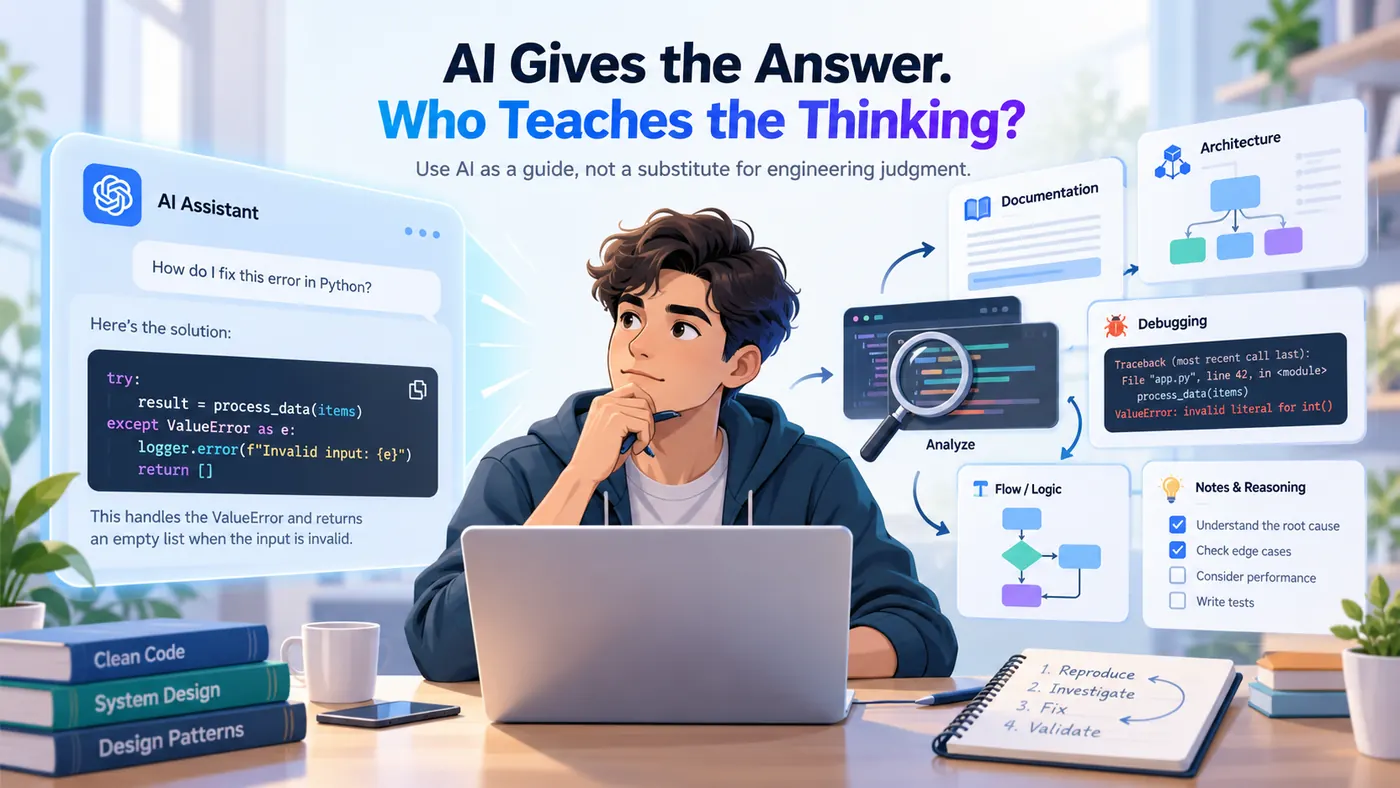 Junior developer using an AI coding assistant while learning to debug, investigate and think critically