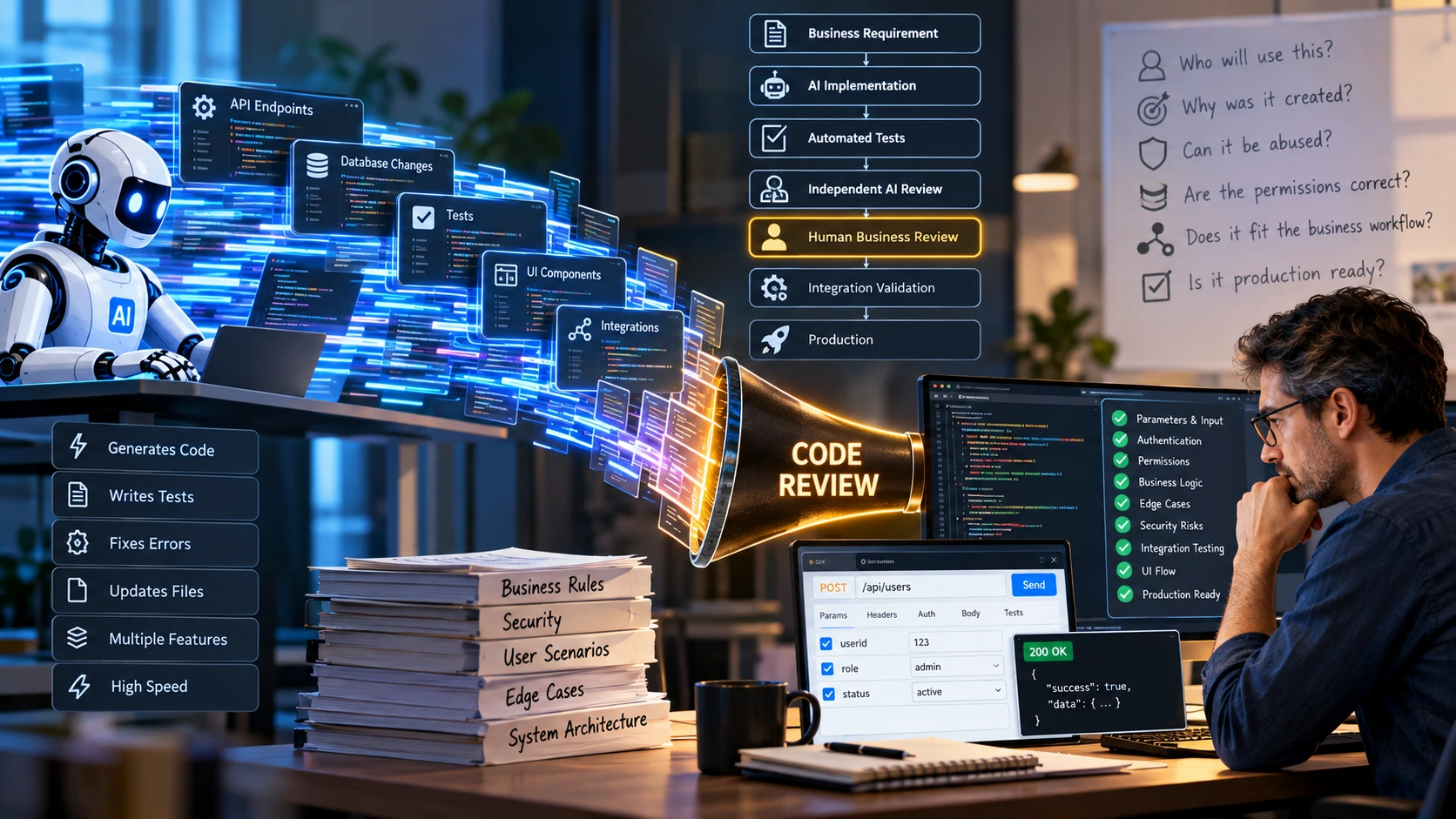 AI-generated code passing through automated testing, AI review and human verification before production